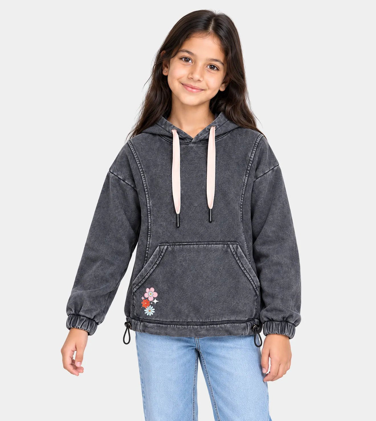 Girls’ Black Garment-Dyed Hoodie | Red Cotton - Red Cotton