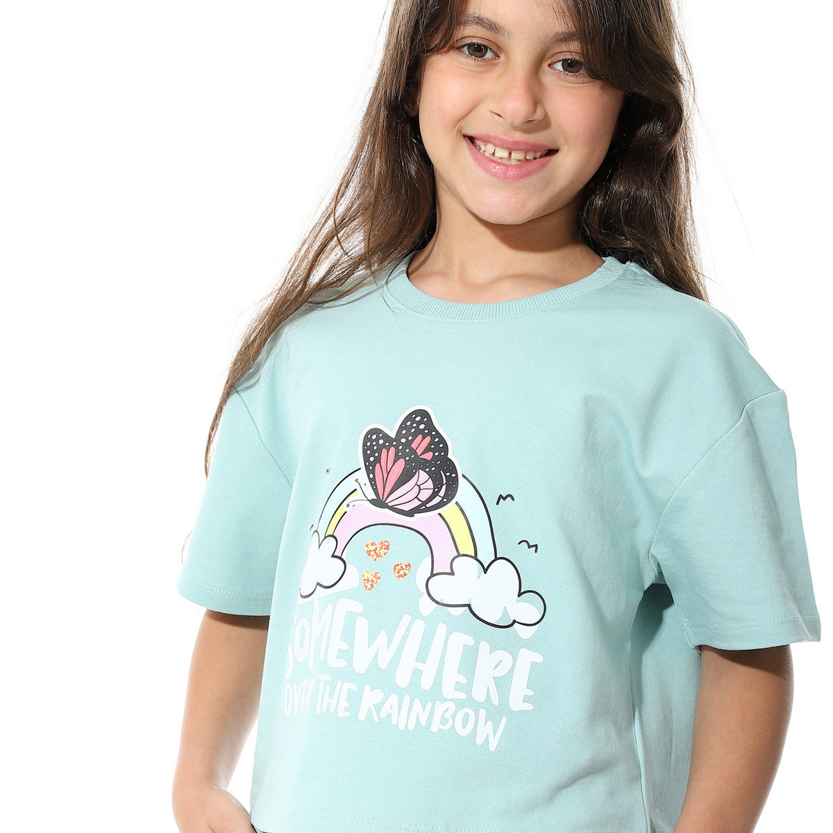 Girls’ Blue "Somewhere Over The Rainbow" Printed Short Set - Red Cotton