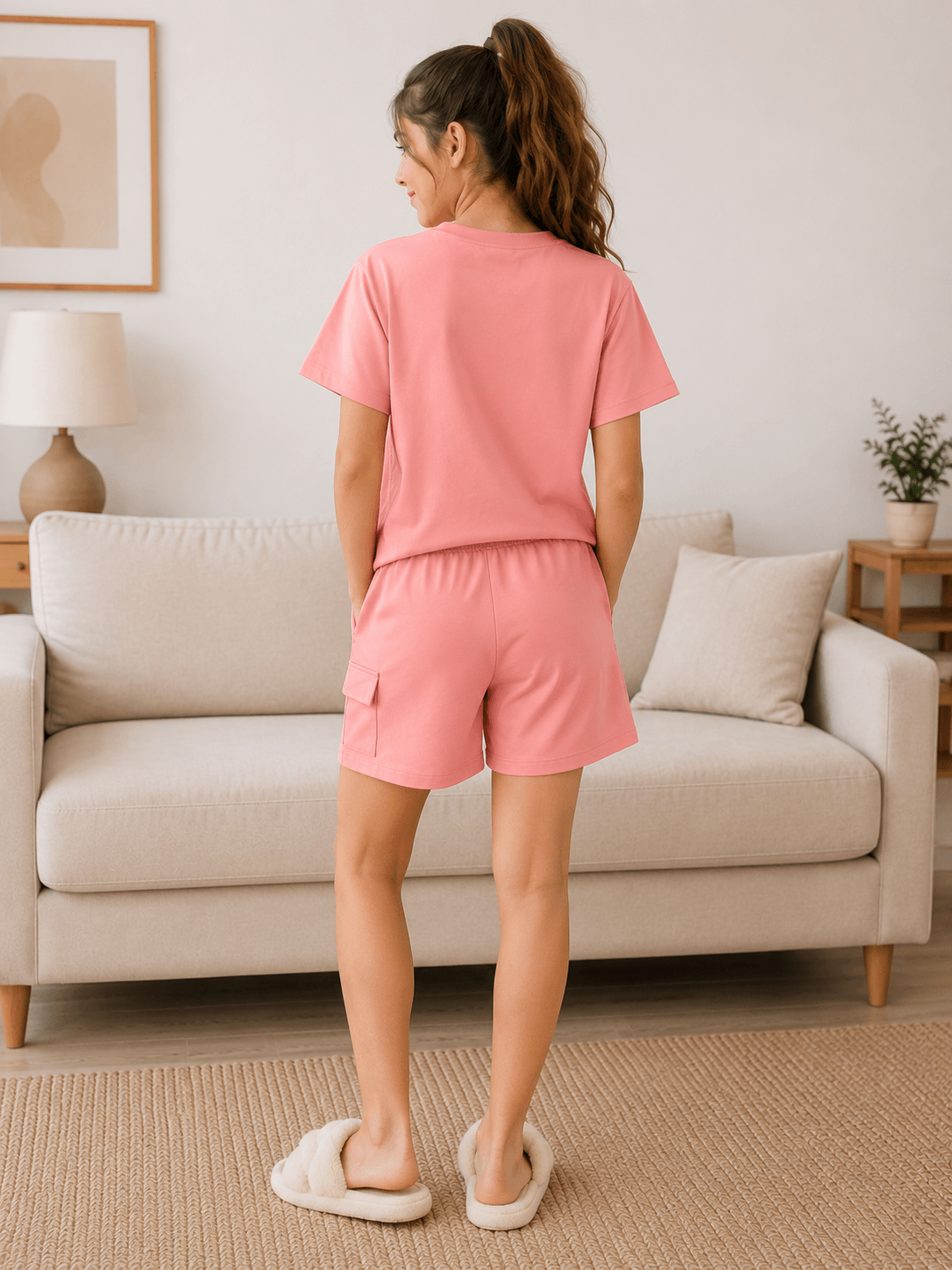Girls’ Cargo Shorts Set with Chest Print - Red Cotton