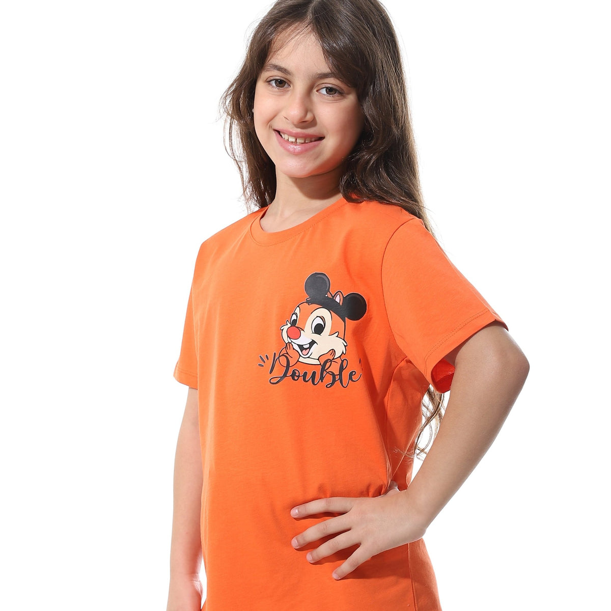 Girls' Cartoon Printed Pajama Sets with Back Print -Orange - Red Cotton