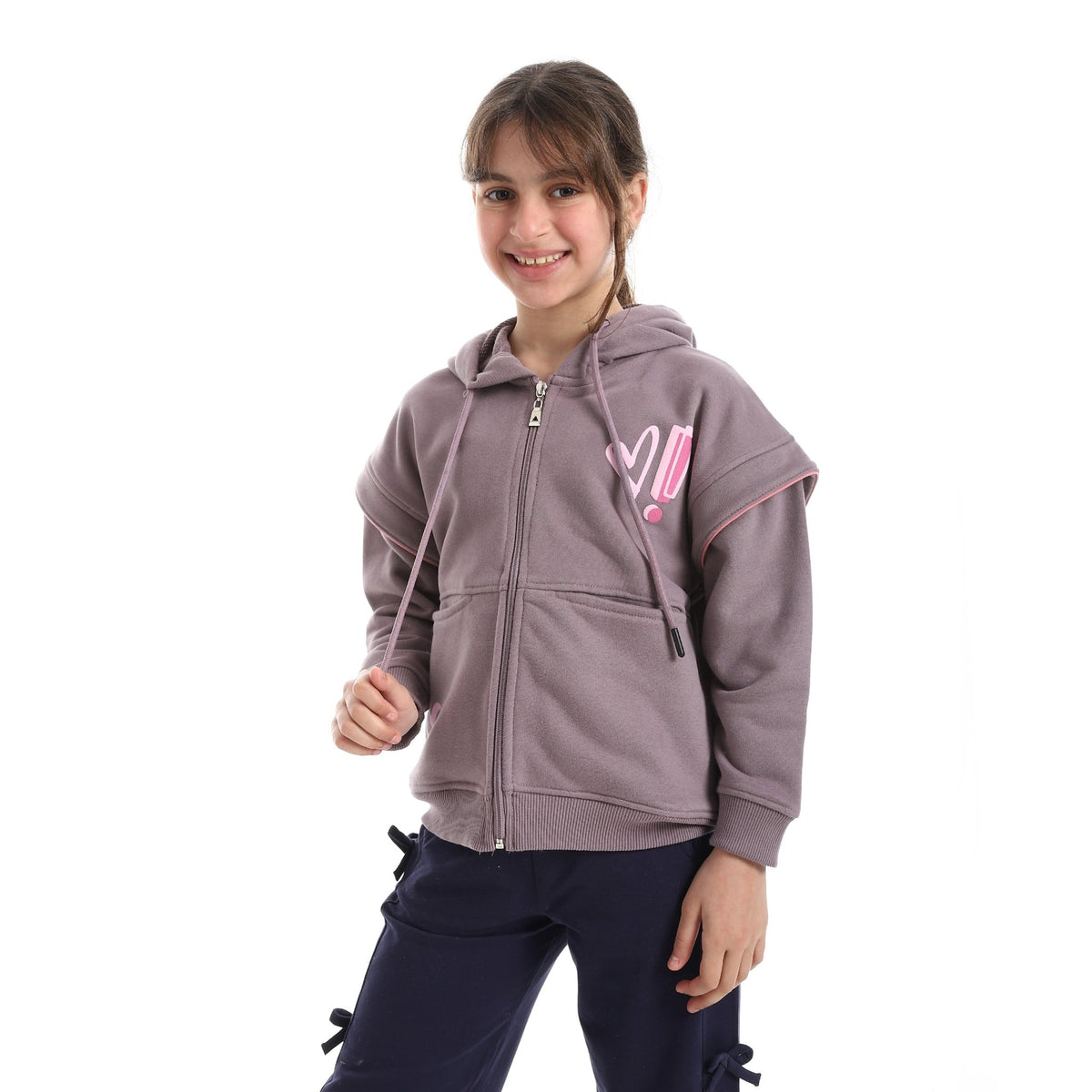 Girls' Oversized Layered-Sleeve Zip-Up Hoodie - Red Cotton