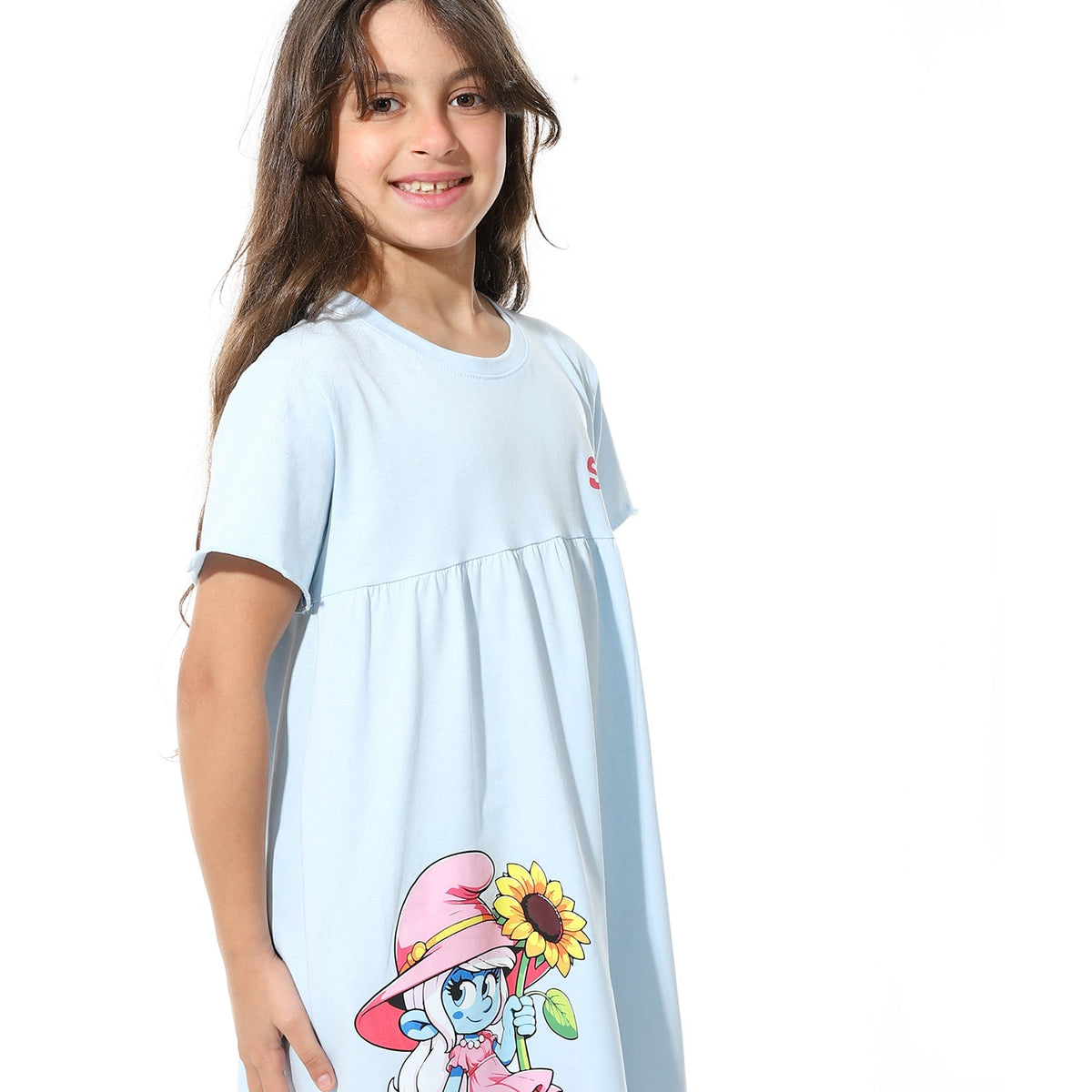Girls Printed Short Sleeves Nightgown - Blue - Red Cotton