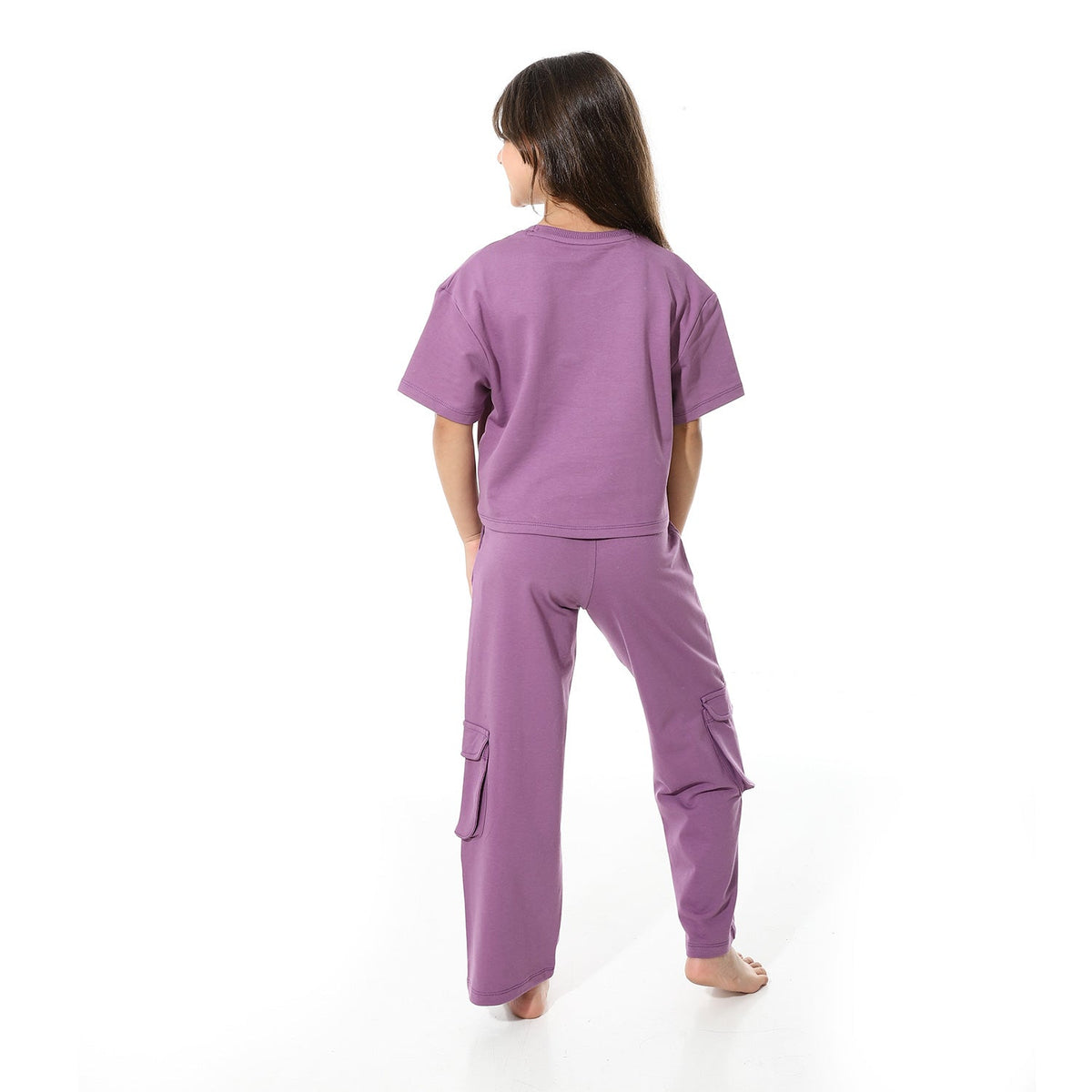 Girls' Purple Crop Top & Wide Leg Pants Set - Red Cotton