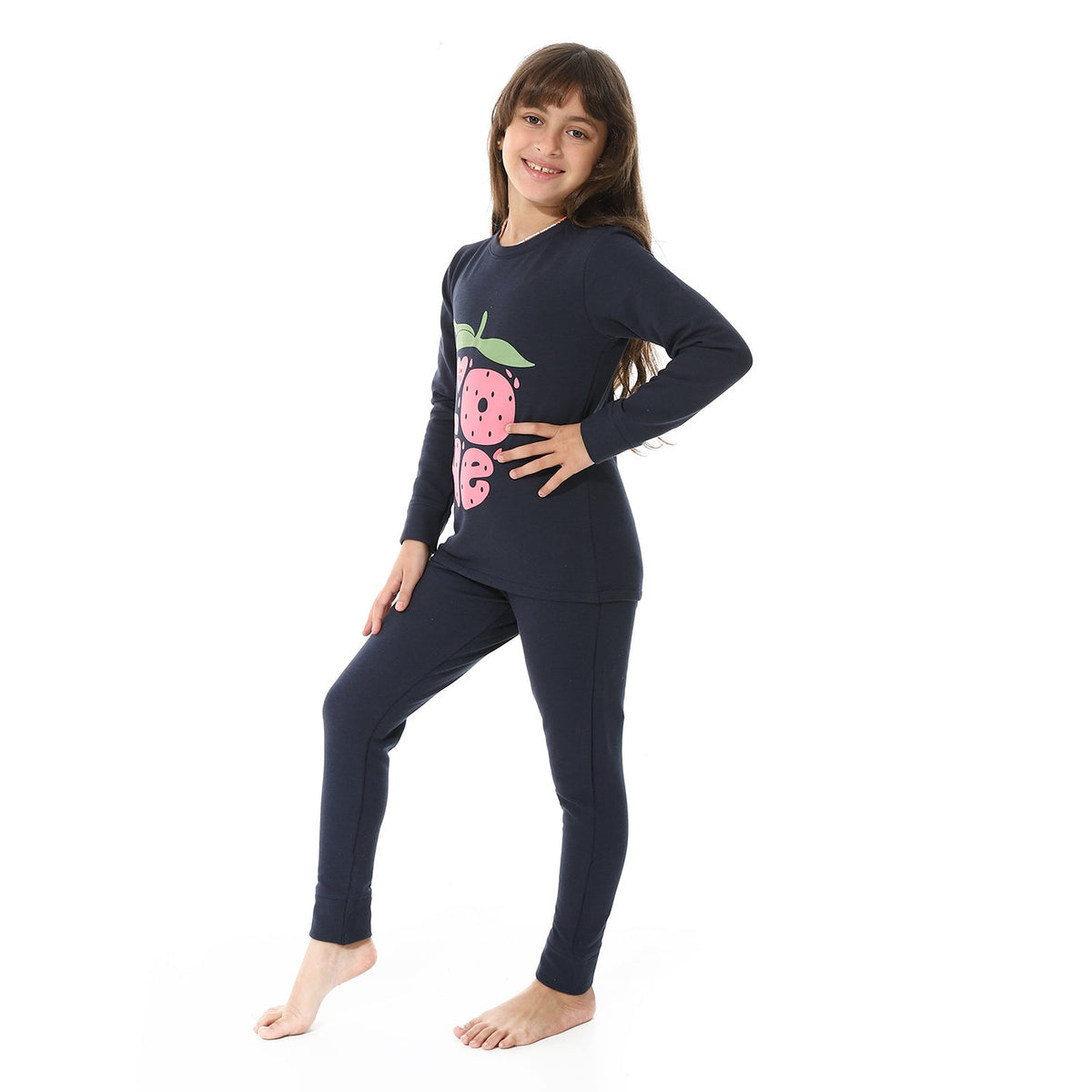 Girls Thermal Set With Printed - Navy - Red Cotton