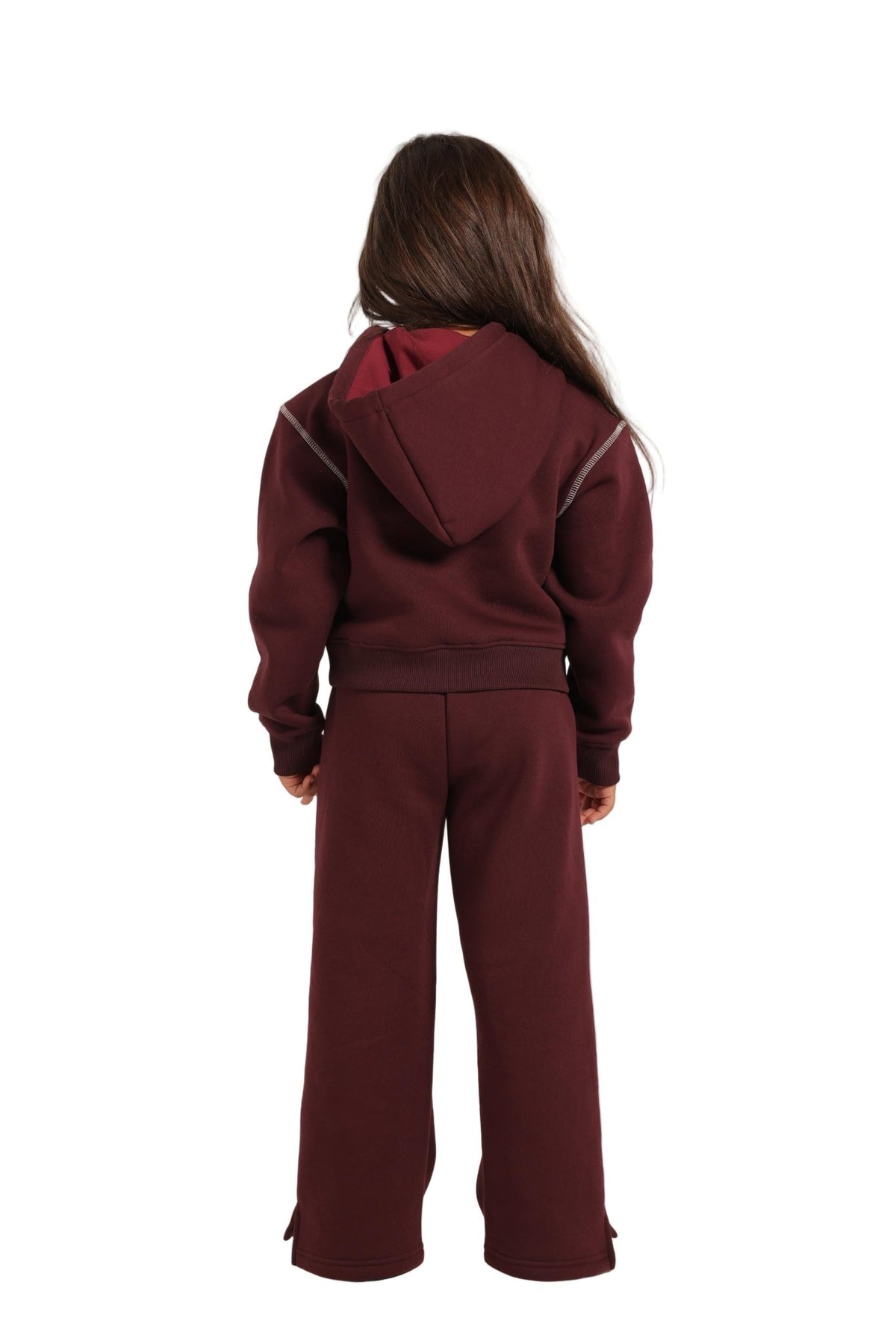 Girls' Winter Pajama Set –Burgundy Hoodie and Burgundy Wide-Leg Pants - Red Cotton
