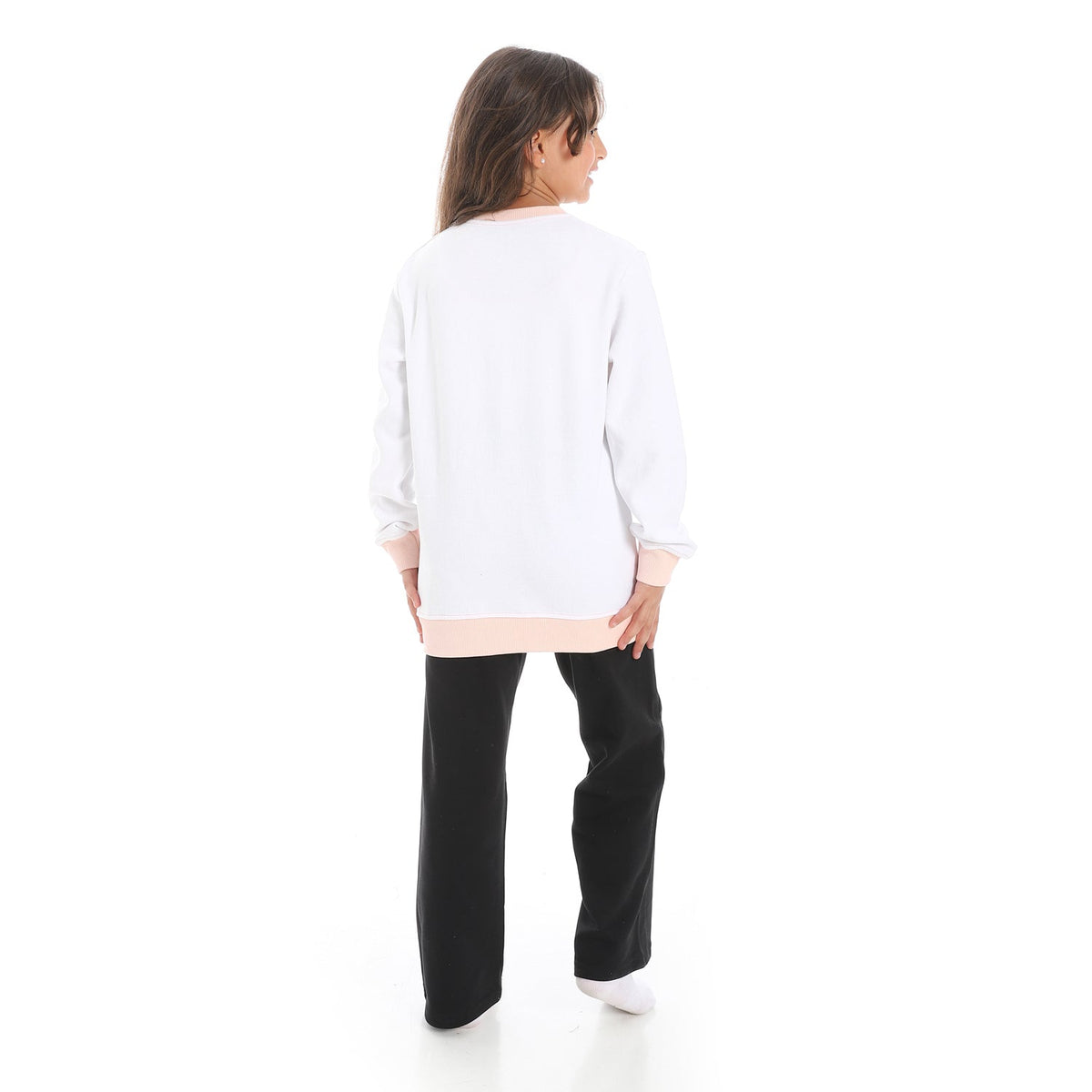 Girls' Winter Pajama Set – Off-White Hoodie and Black Wide-Leg Pants - Red Cotton
