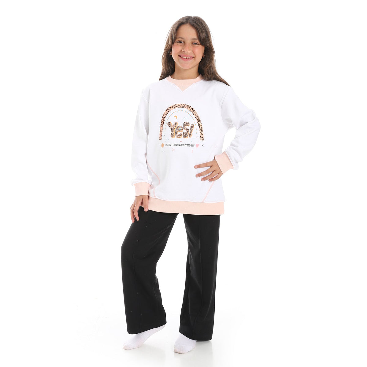 Girls' Winter Pajama Set – Off-White Hoodie and Black Wide-Leg Pants - Red Cotton