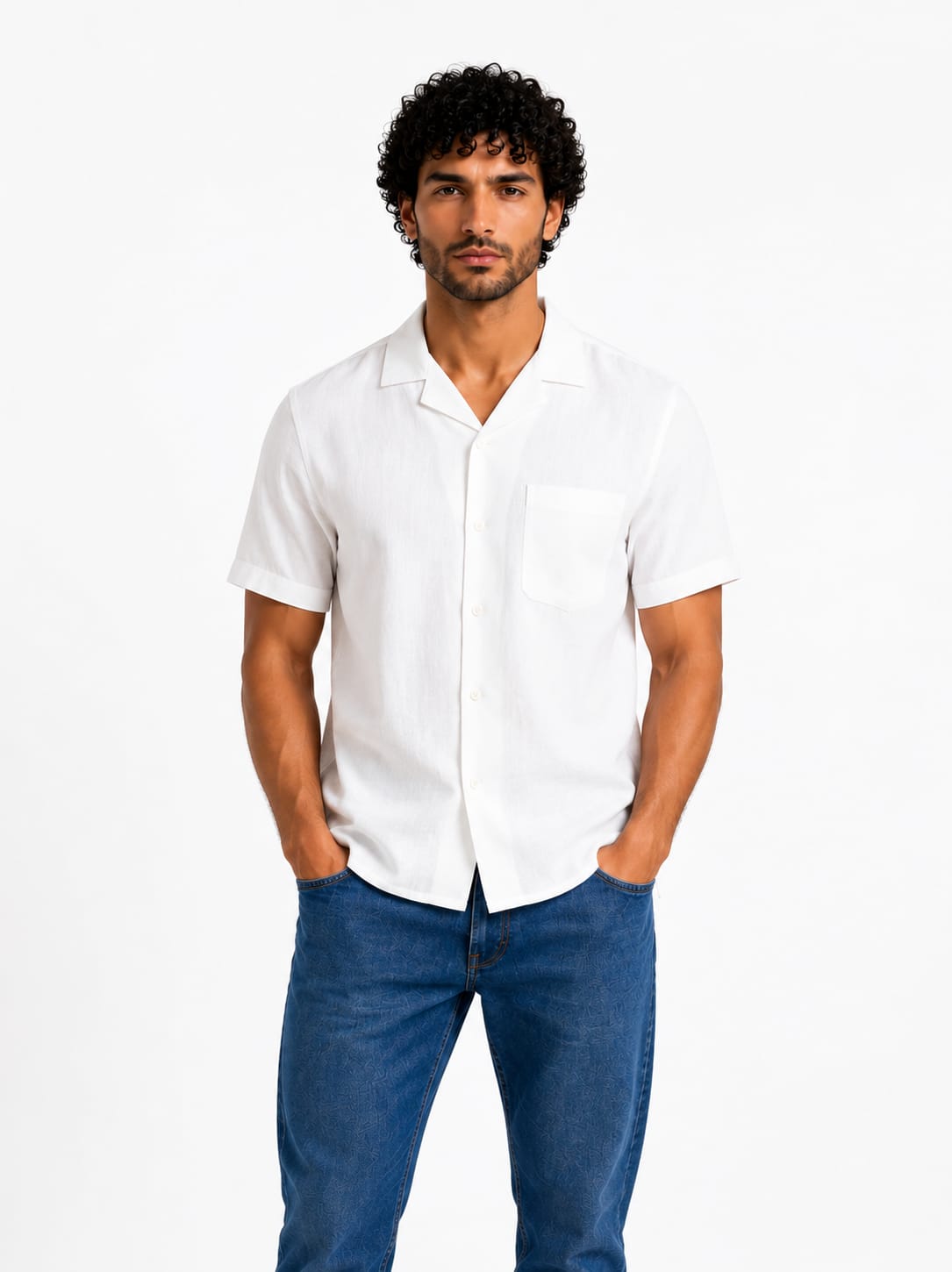 Men Classic Short-Sleeve Button-Up Shirt - Red Cotton