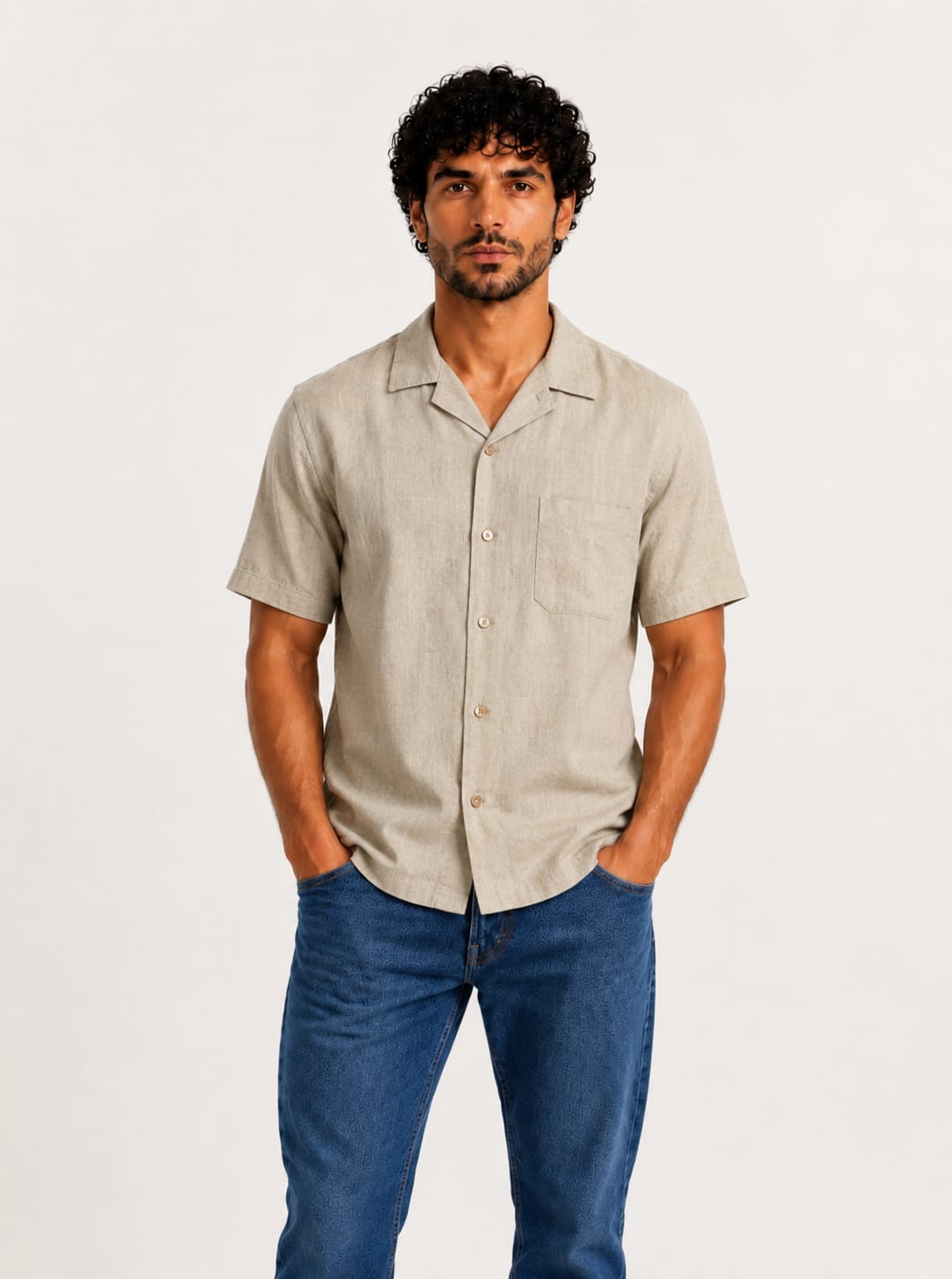 Men Classic Short-Sleeve Button-Up Shirt - Red Cotton