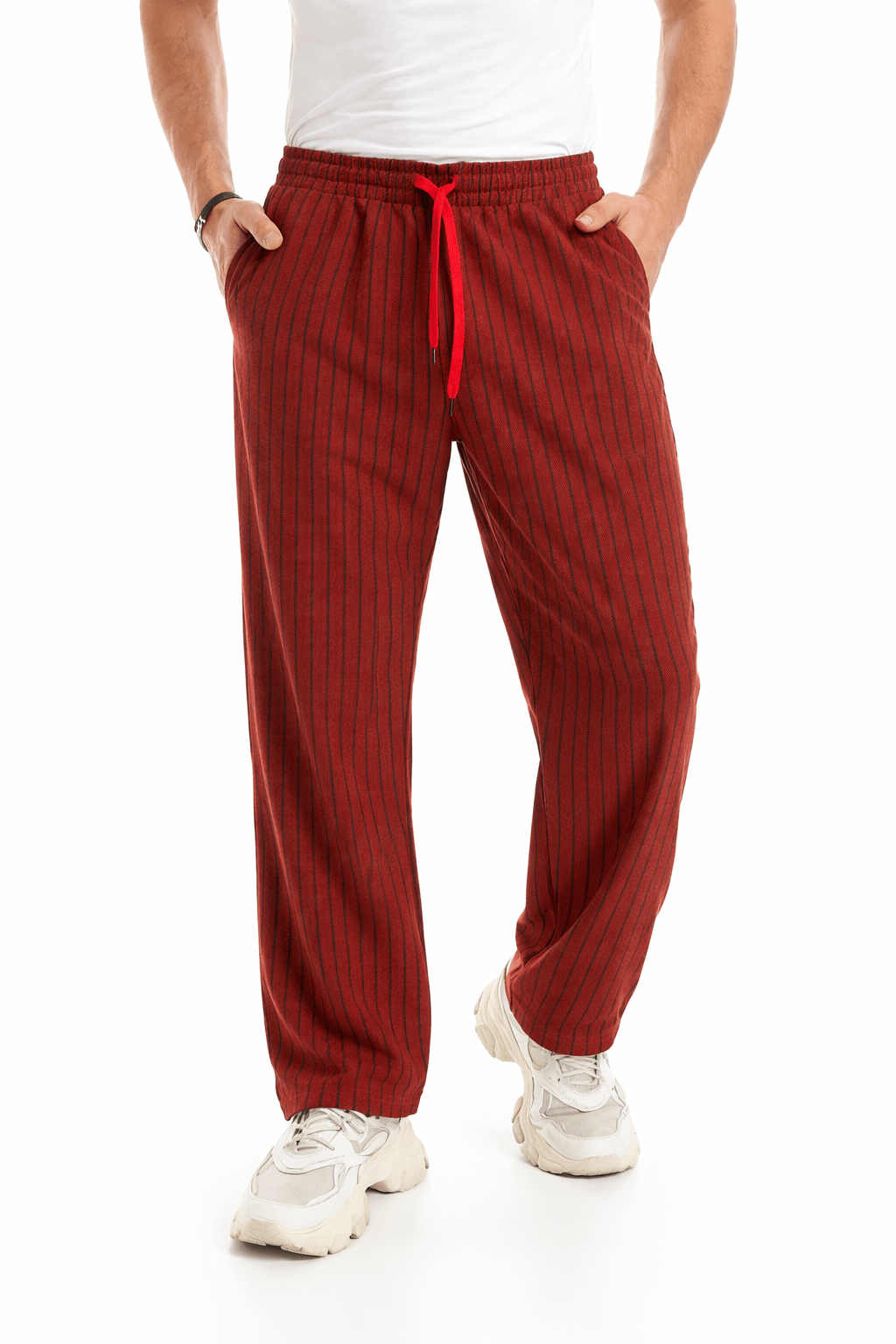 Men Pinstripe Jacquard Relaxed Trousers - Red Cotton