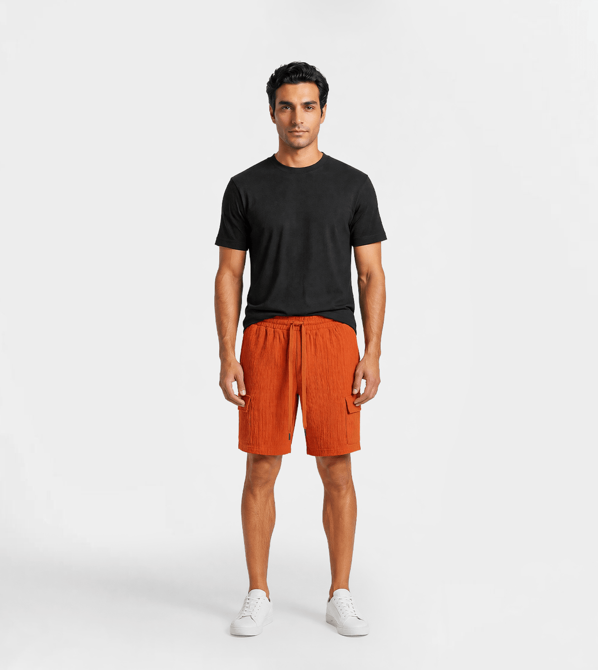 Men Ribbed Cargo Style Shorts - Red Cotton