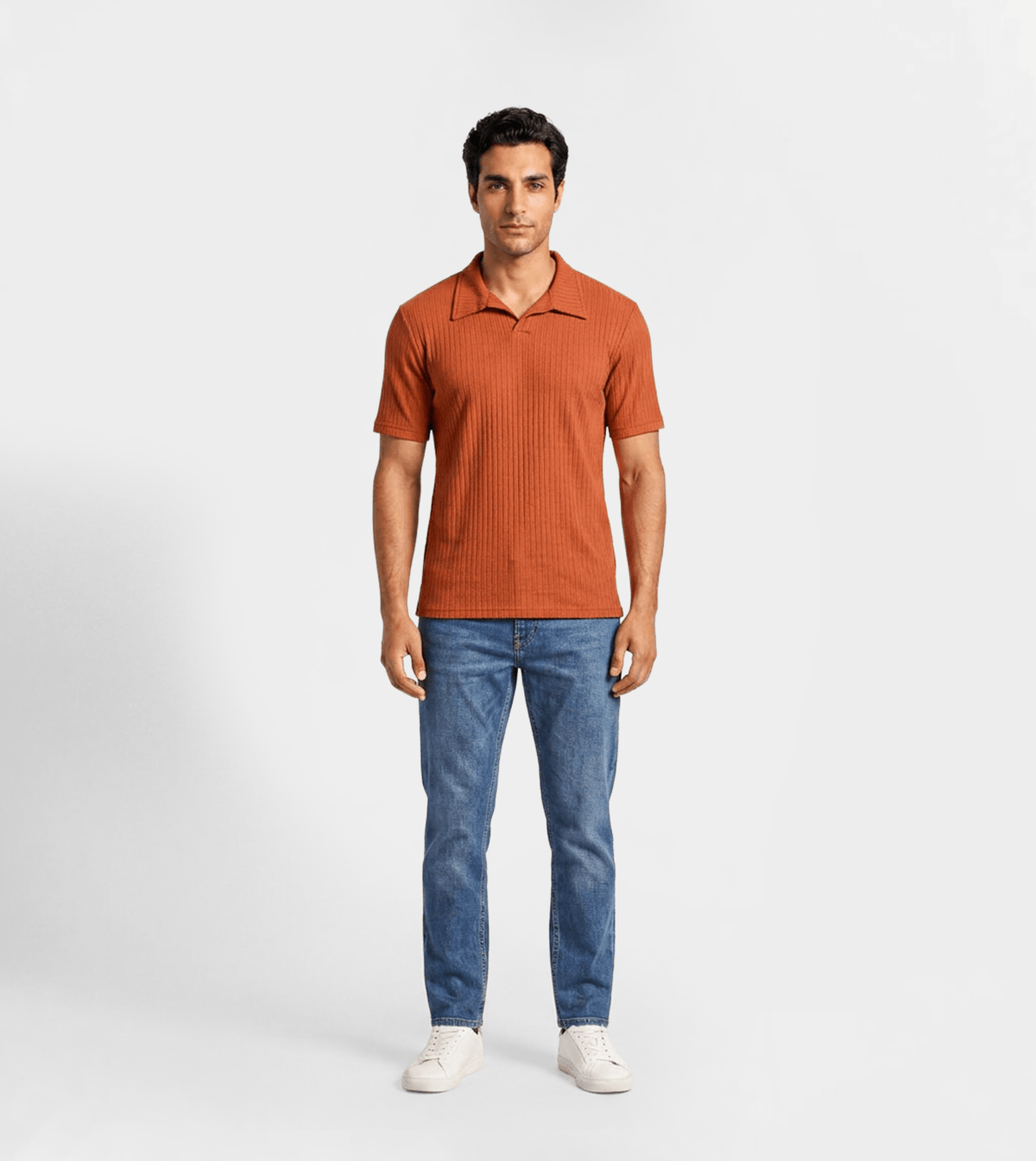 Men Ribbed Knit Polo T-Shirt - Red Cotton