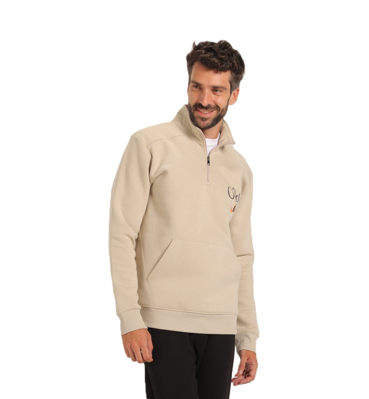 Men’s Casual Beige Sweatshirt – Half-Zip with Unique Print - Red Cotton