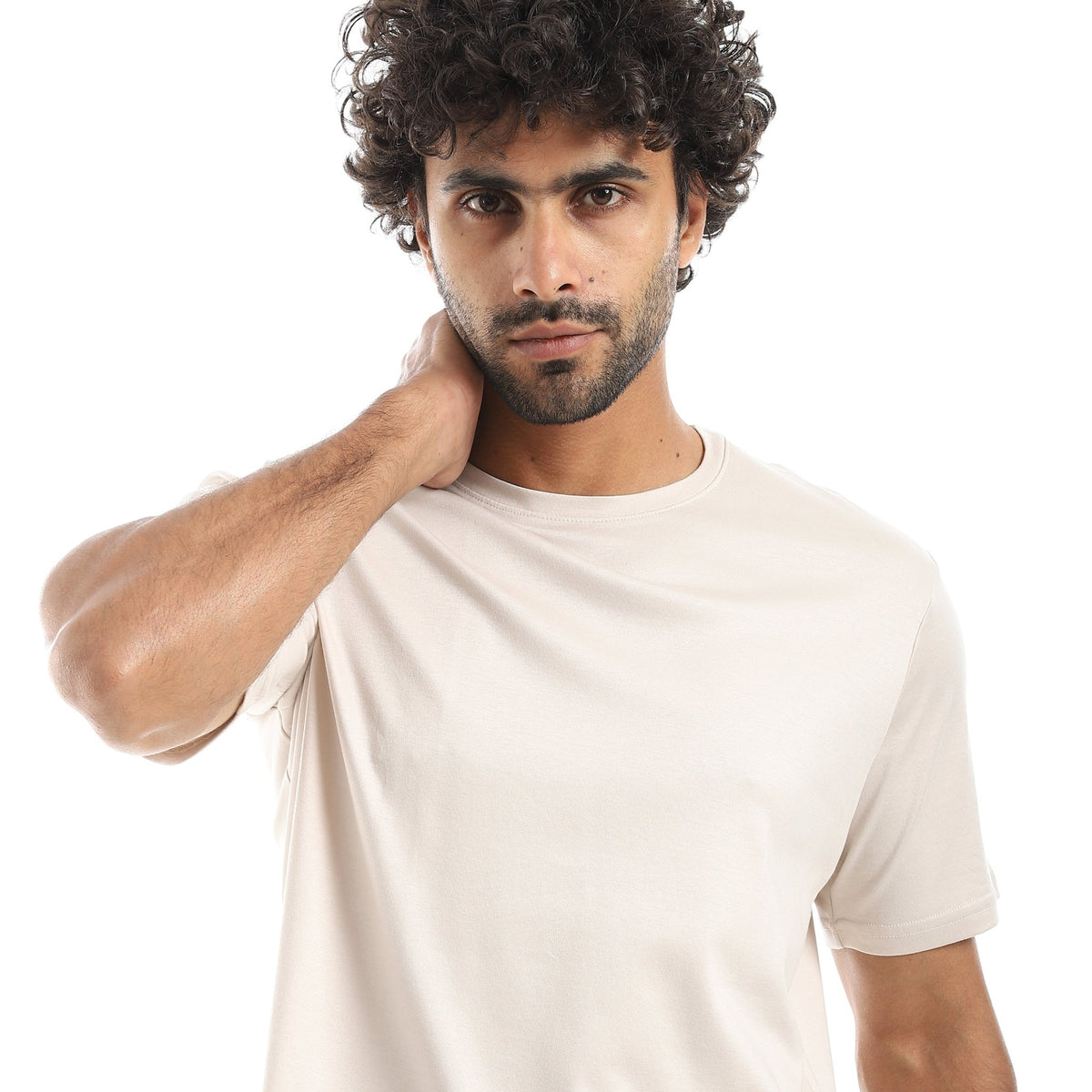 Men's Classic Crew Neck T-Shirt Cotton Mercerise – Beige - Red Cotton