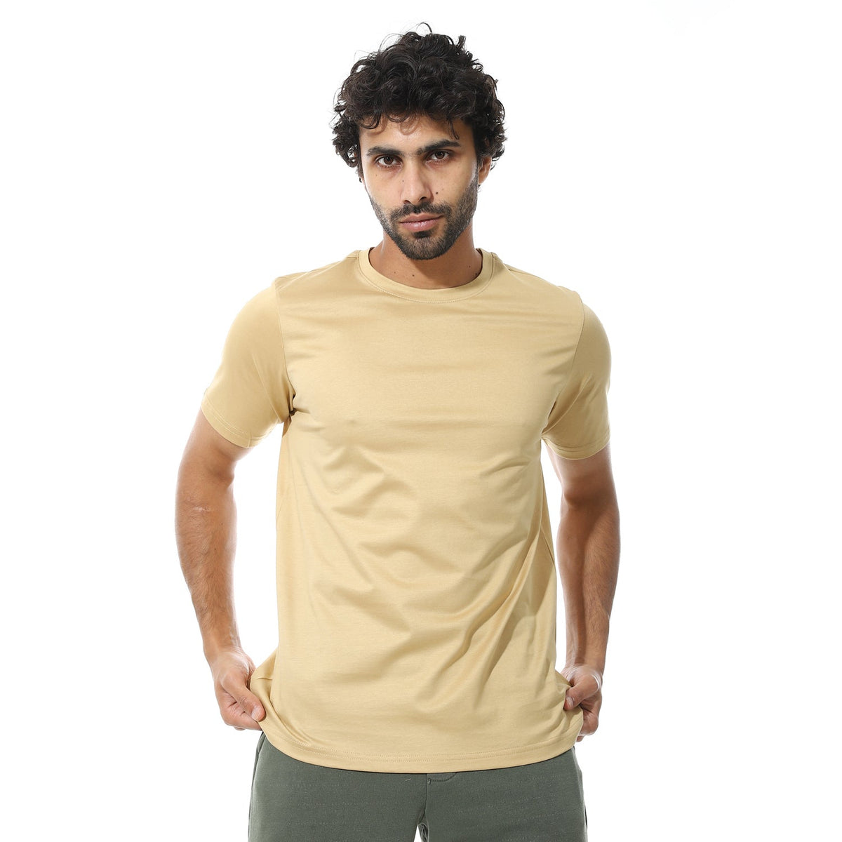 Men's Classic Crew Neck T-Shirt – Light Beige - Red Cotton