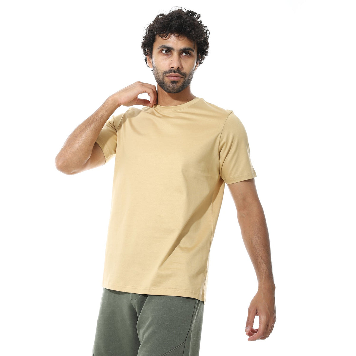 Men's Classic Crew Neck T-Shirt – Light Beige - Red Cotton