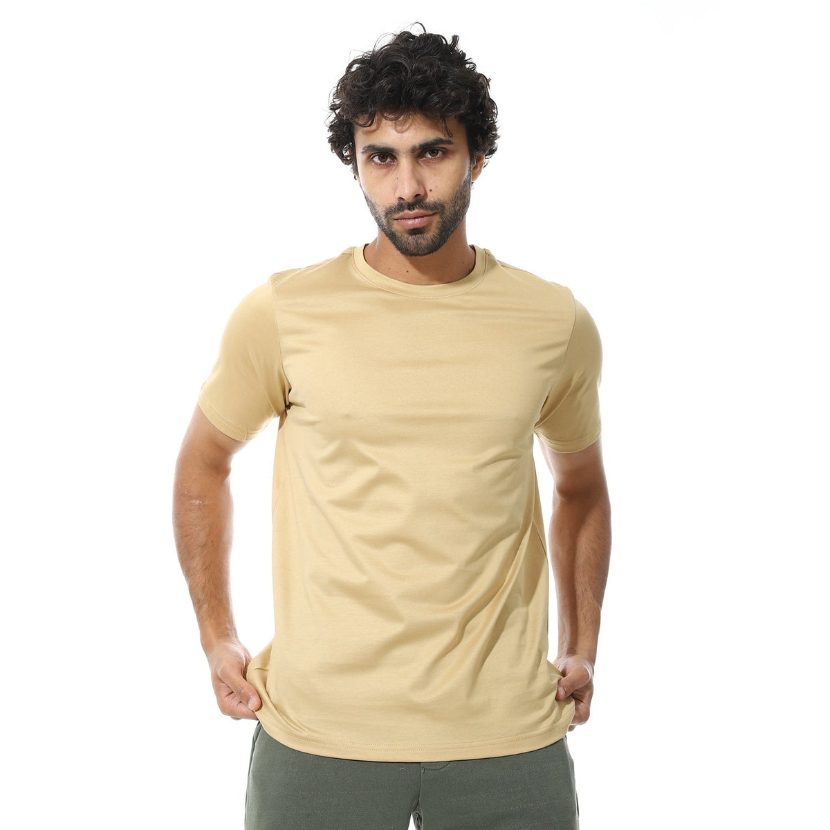 Men's Classic Crew Neck T-Shirt – Light Beige - Red Cotton