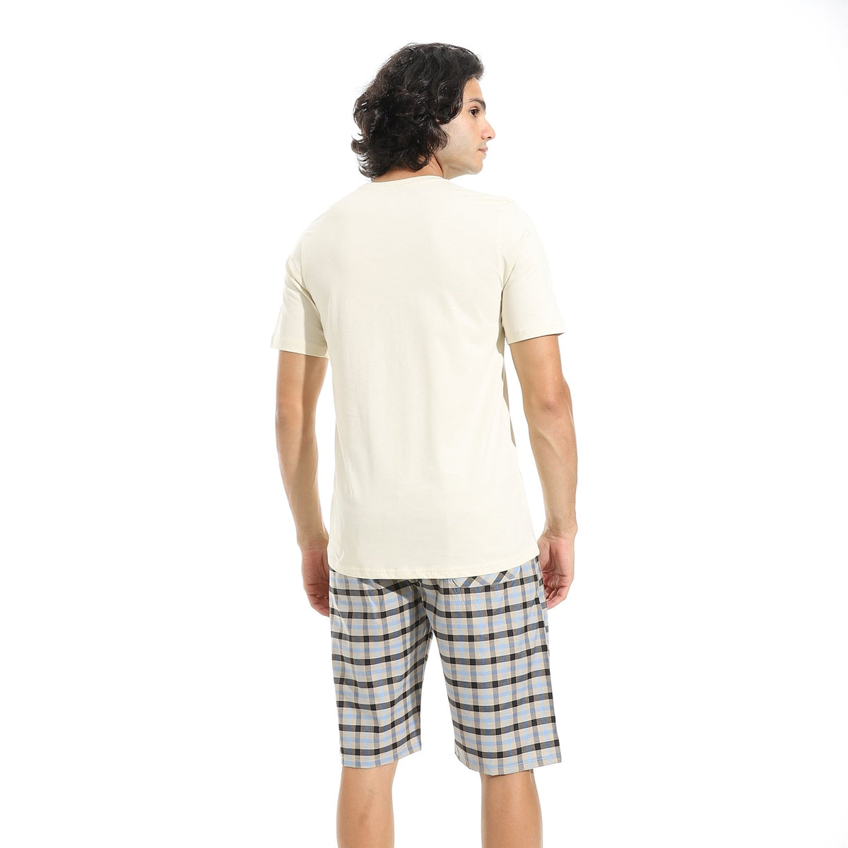 Men's Cotton Pajama Set – Off white Round neck T-Shirt & Checkered Short - Red Cotton