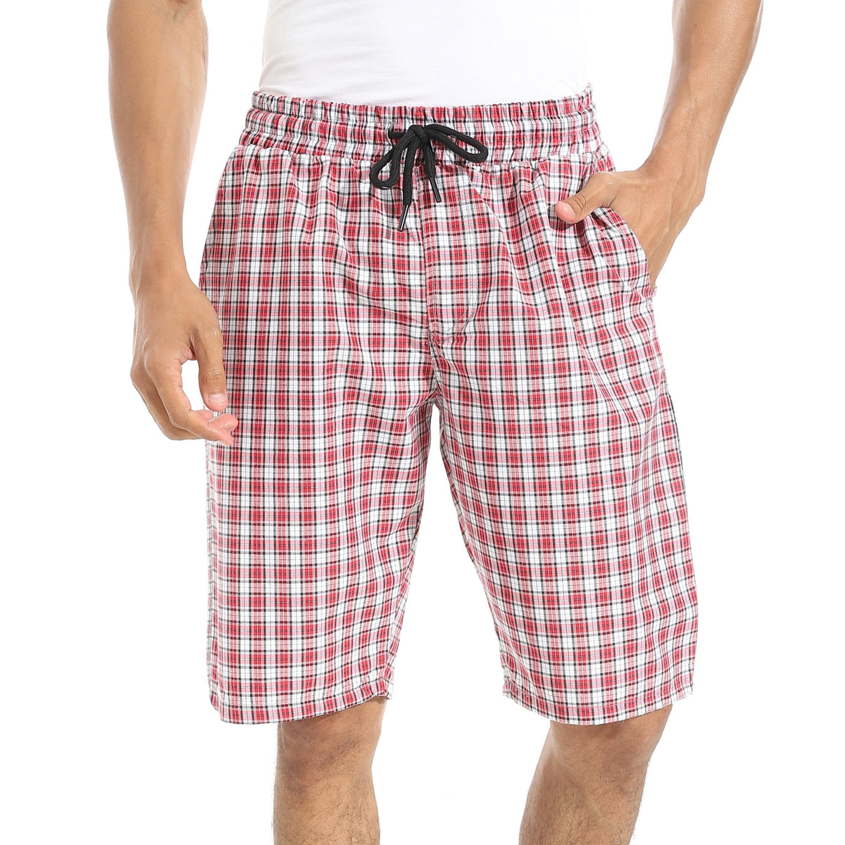 Men's Dark Red Gingham Check Lounge Shorts with Drawstring Waist - Red Cotton