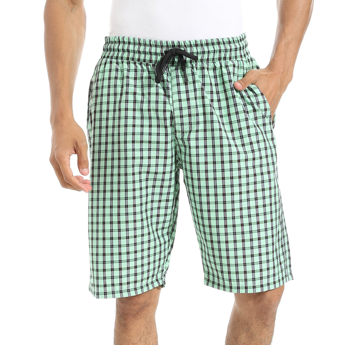 Men's Green Gingham Check Lounge Shorts with Drawstring Waist - Red Cotton