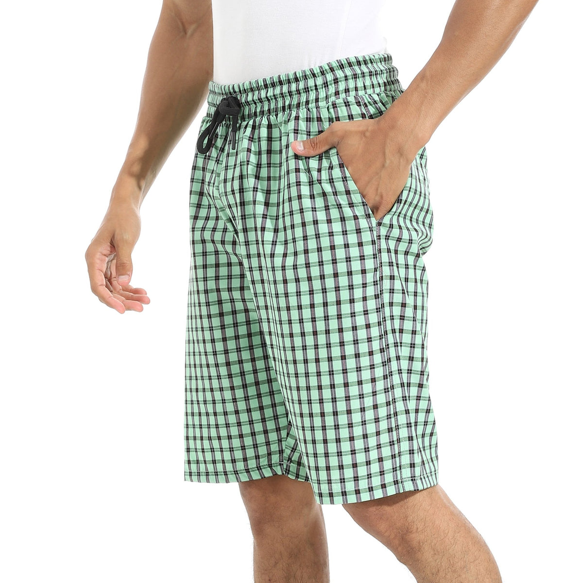 Men's Green Gingham Check Lounge Shorts with Drawstring Waist - Red Cotton