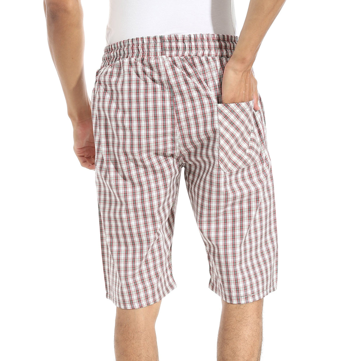 Men's Grey Gingham Check Lounge Shorts with Drawstring Waist - Red Cotton