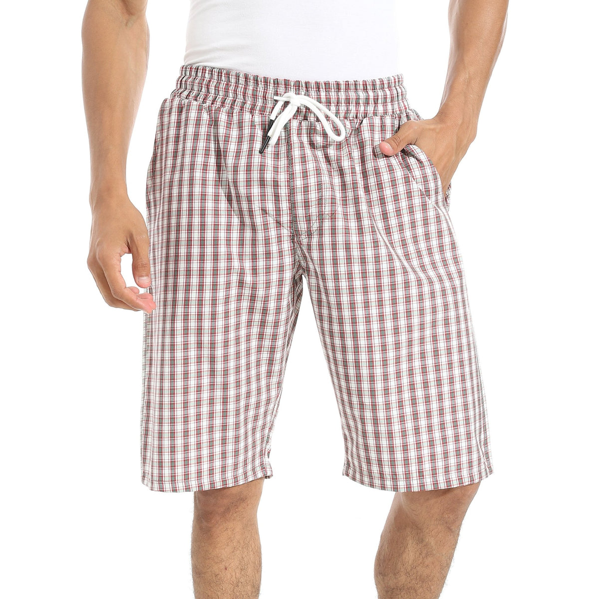 Men's Grey Gingham Check Lounge Shorts with Drawstring Waist - Red Cotton