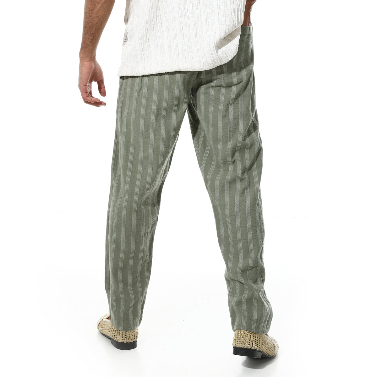 Men's Relaxed Fit Striped Linen Trousers – Green - Red Cotton