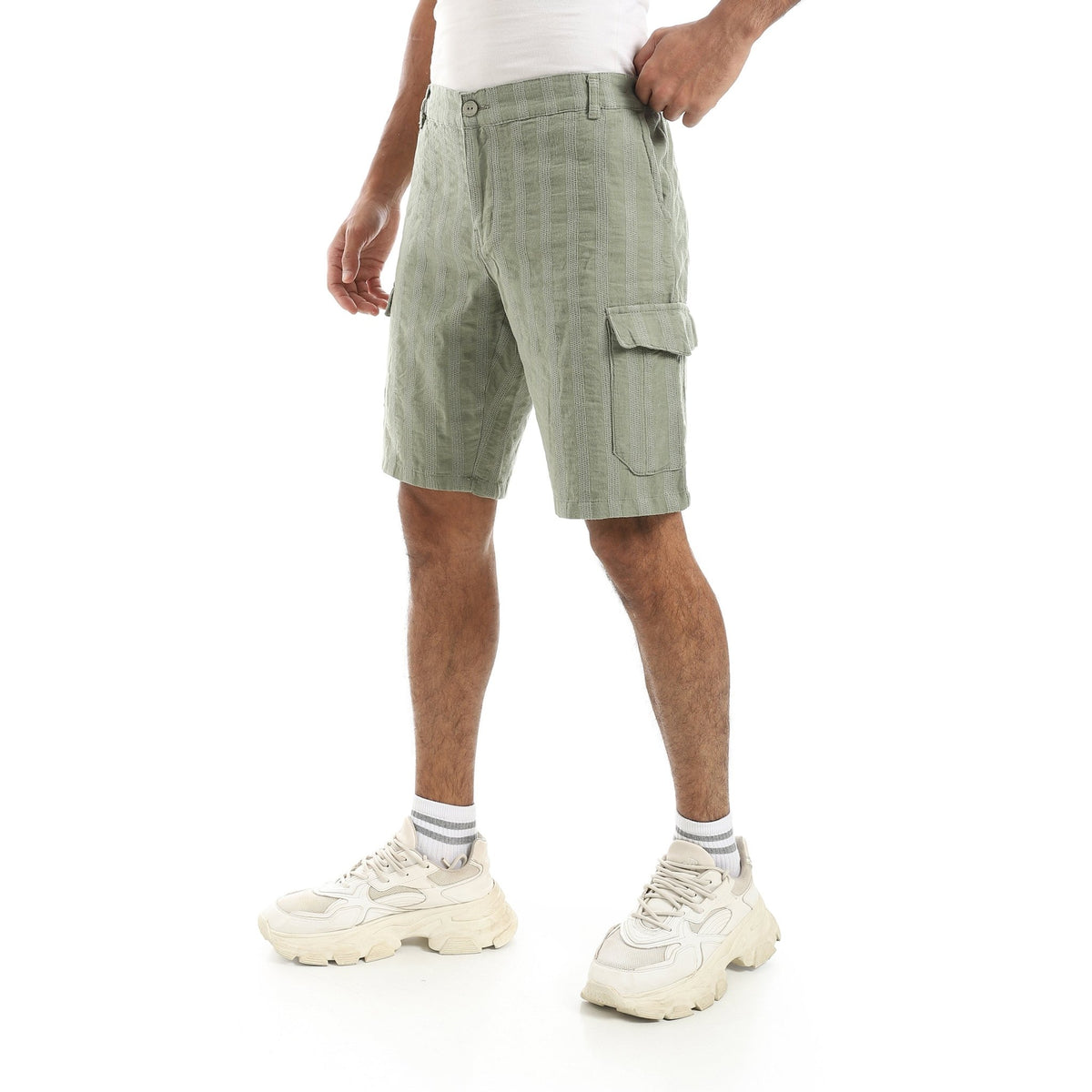 Men’s Striped Cotton-Linen Cargo Shorts – Light Olive - Red Cotton