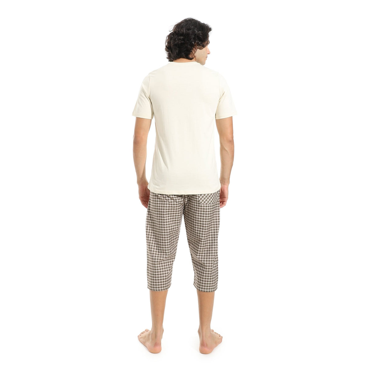 Men's Summer Pajama Set, Pantacourt & T-Shirt -Off white - Red Cotton