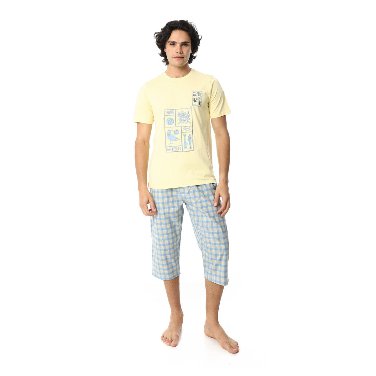 Men's Summer Pajama Set, Pantacourt & T-Shirt -Yellow - Red Cotton