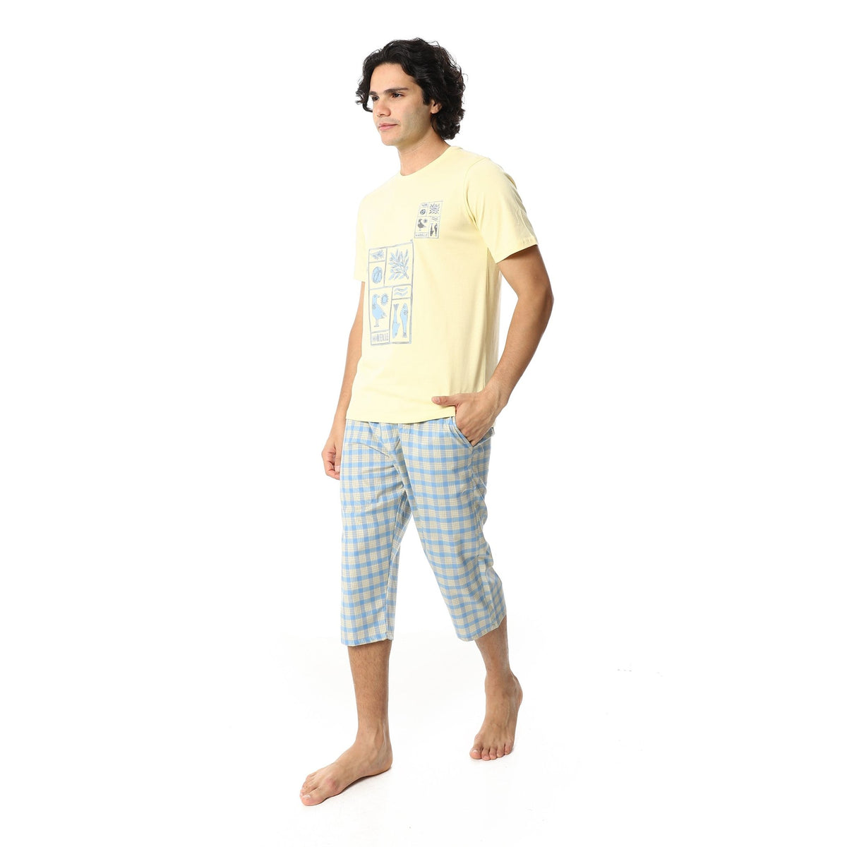 Men's Summer Pajama Set, Pantacourt & T-Shirt -Yellow - Red Cotton