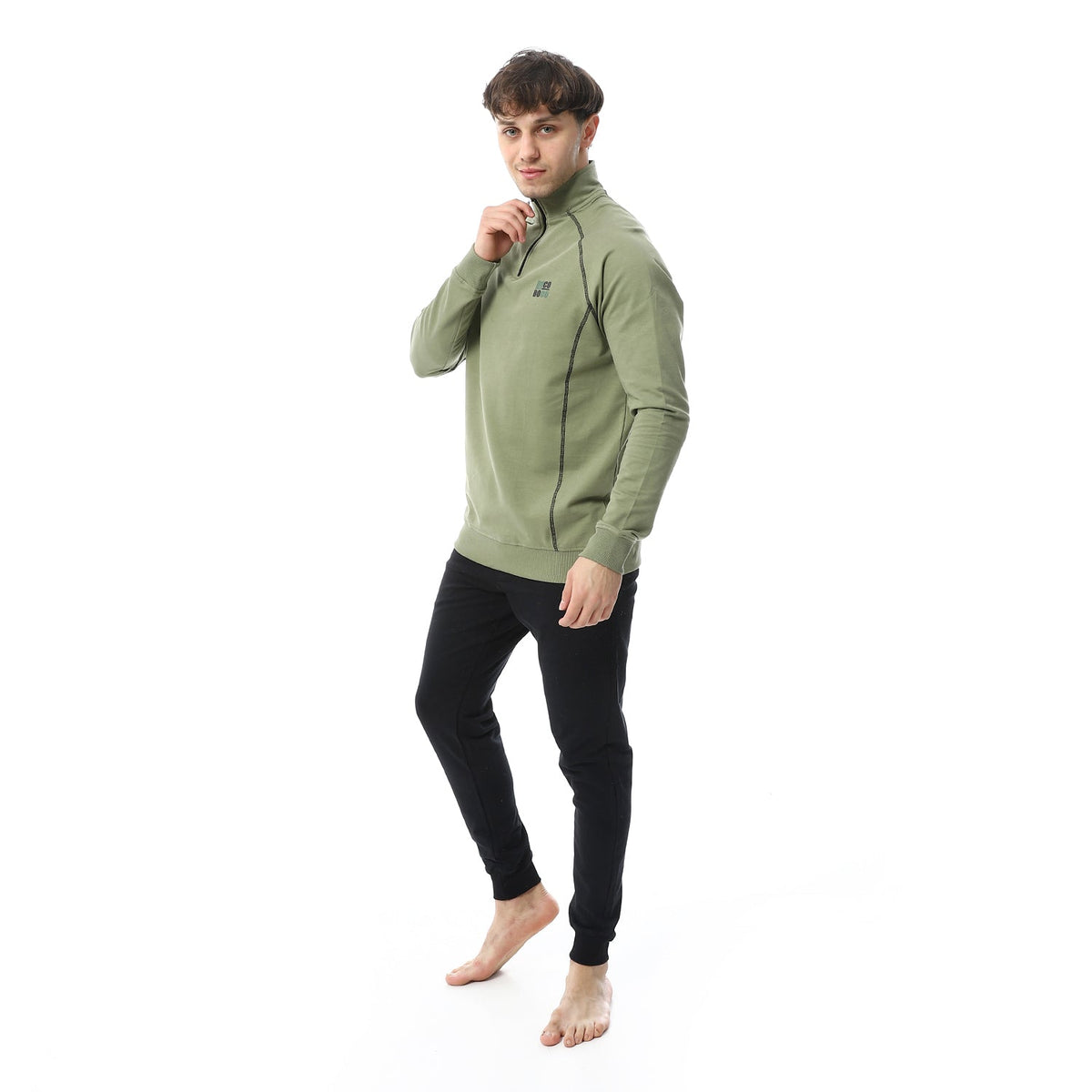 Men's Winter Quarter Zipper Pajama - Dark Green - Red Cotton