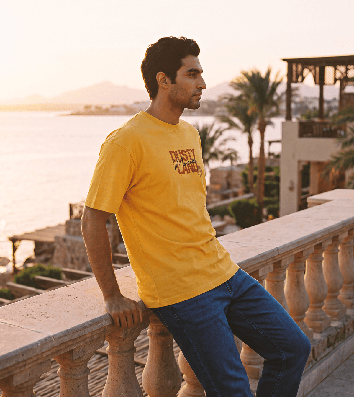 Men’s Yellow T-Shirt with Front Chest Print - Red Cotton