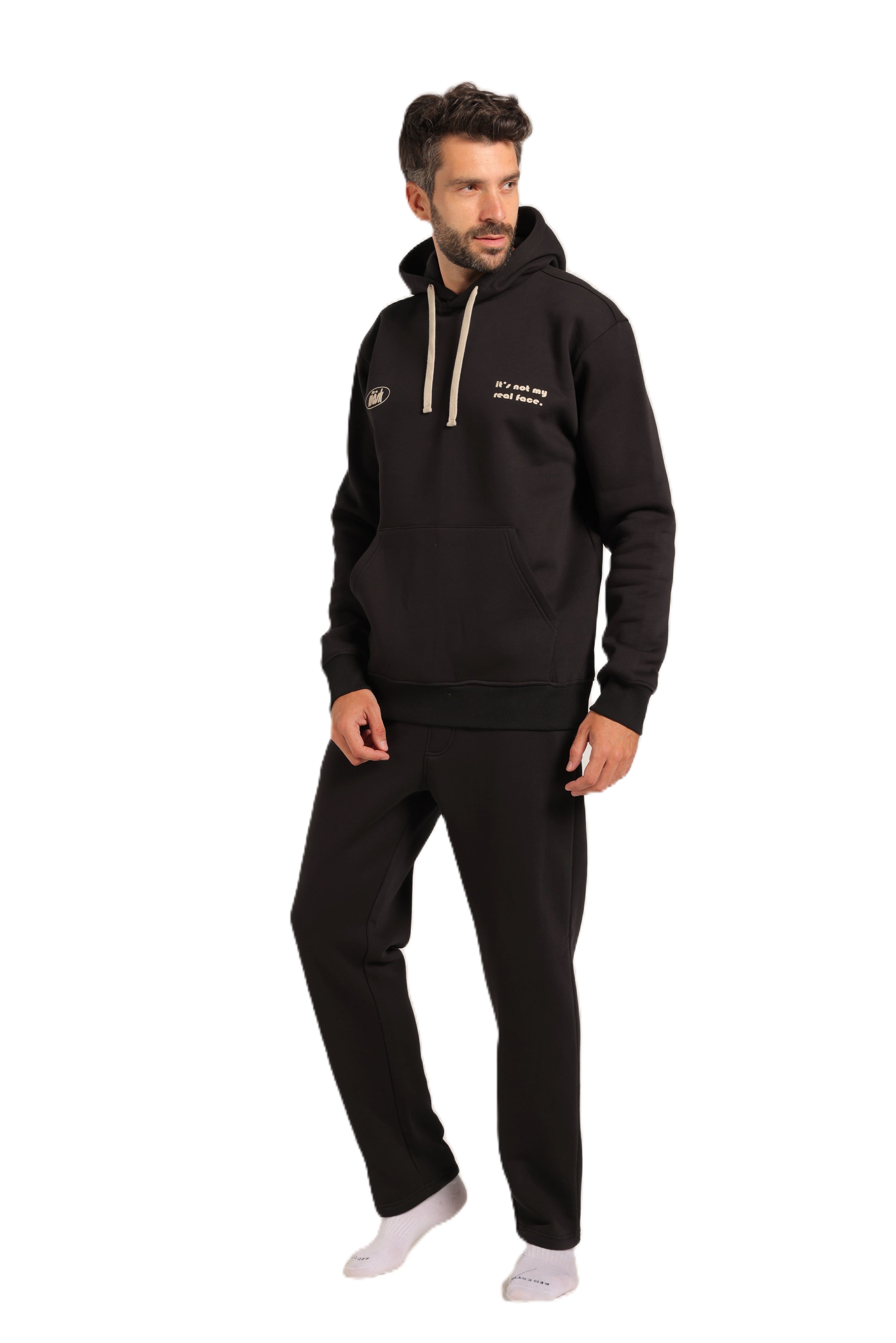 Men's Black Hoodie & Joggers Set – "It's Not My Real Face" Print