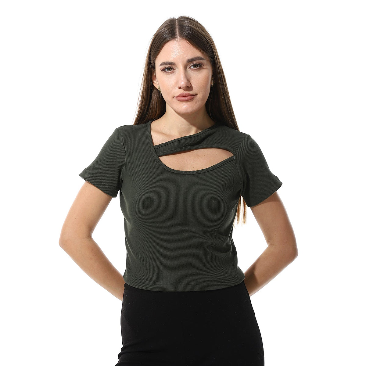 Multicolor Short Sleeves Top With Ribbed - Red Cotton
