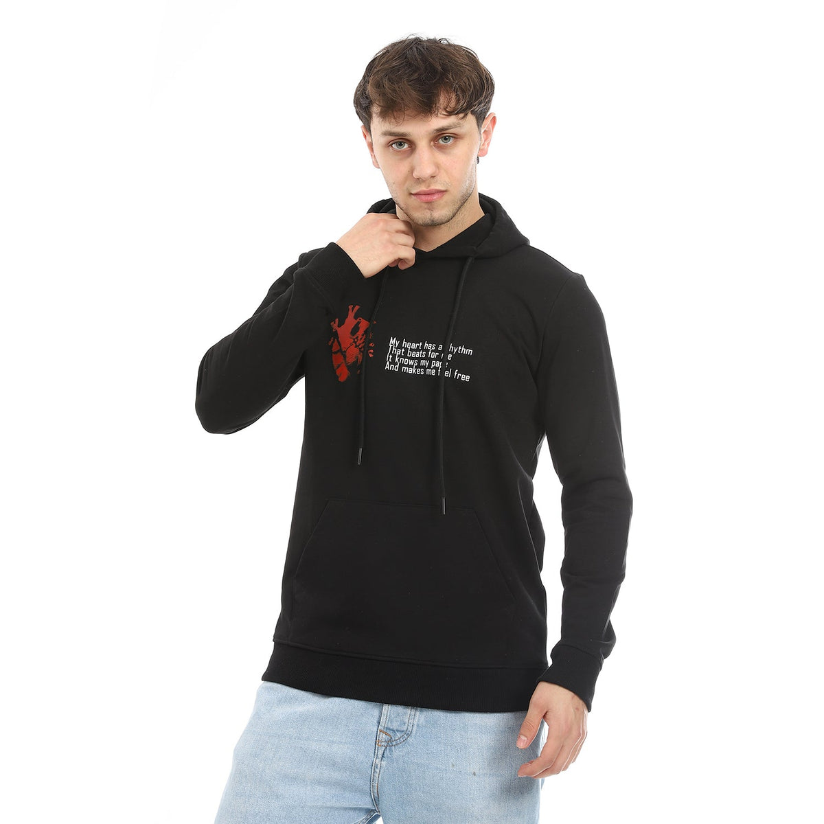 Red Cotton Hoodie With Printed "HEART" - Black - Red Cotton