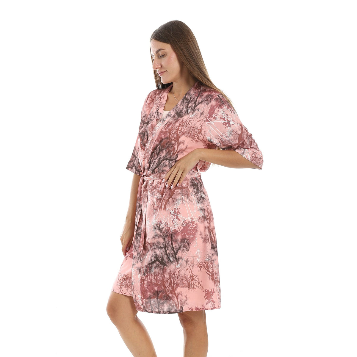 Simon Solid Short Nightgown & Colorful Floral Robe Set - Red Cotton