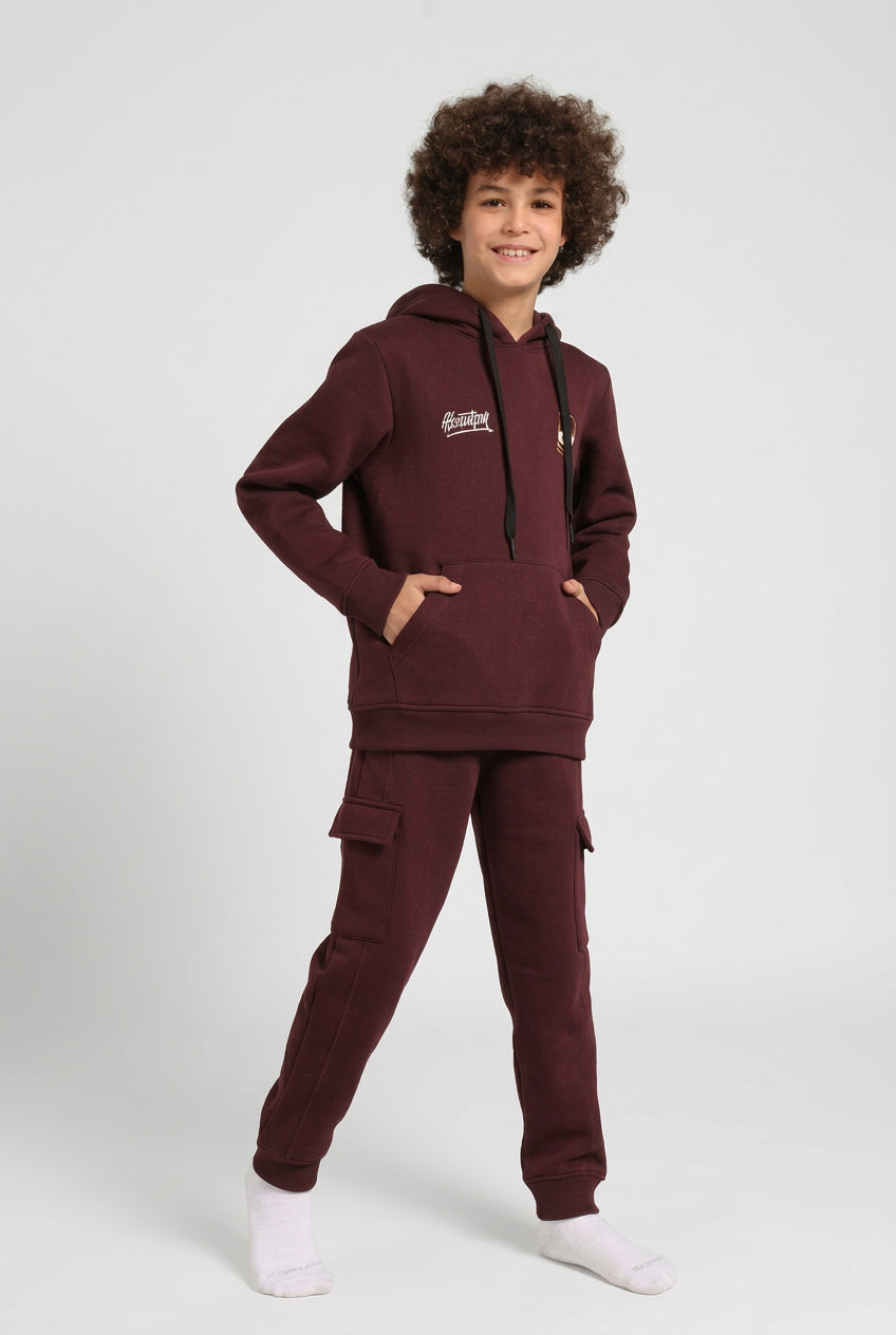 Boys’ Maroon Hoodie Pajama Set with Cartoon Back Print