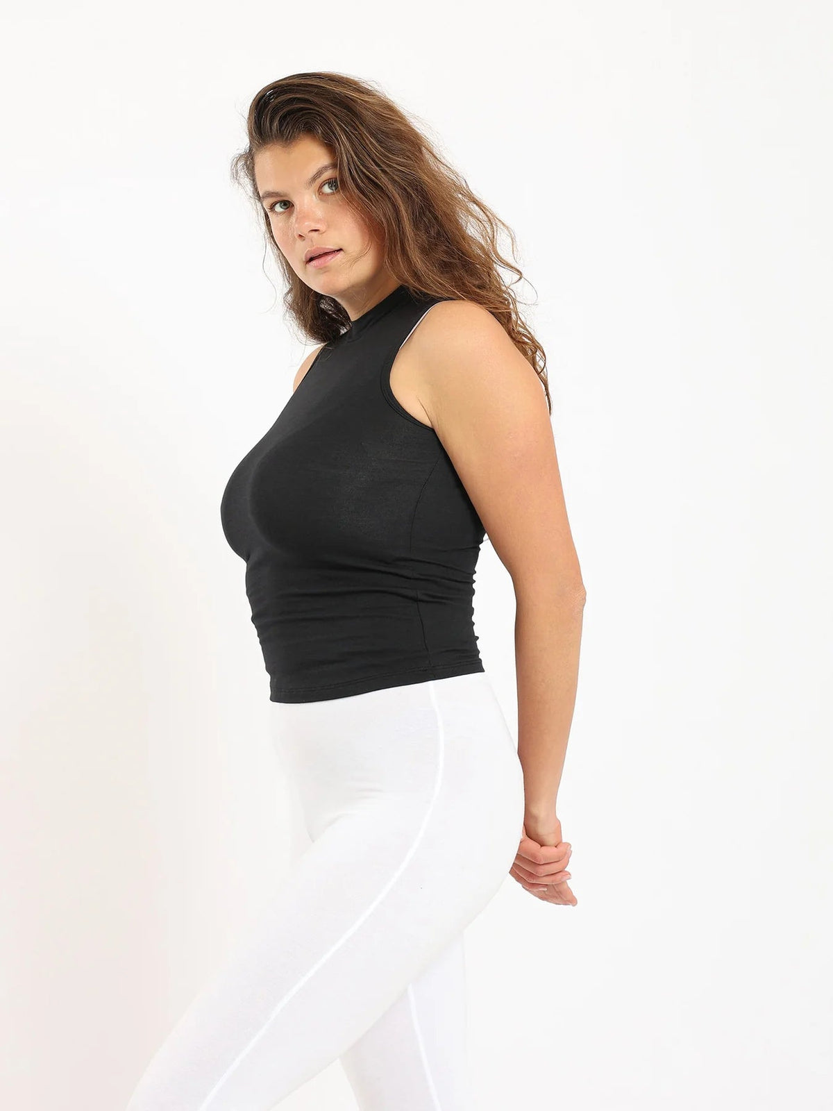 Women Basic Shirt, High Neck, Sleeveless - Red Cotton