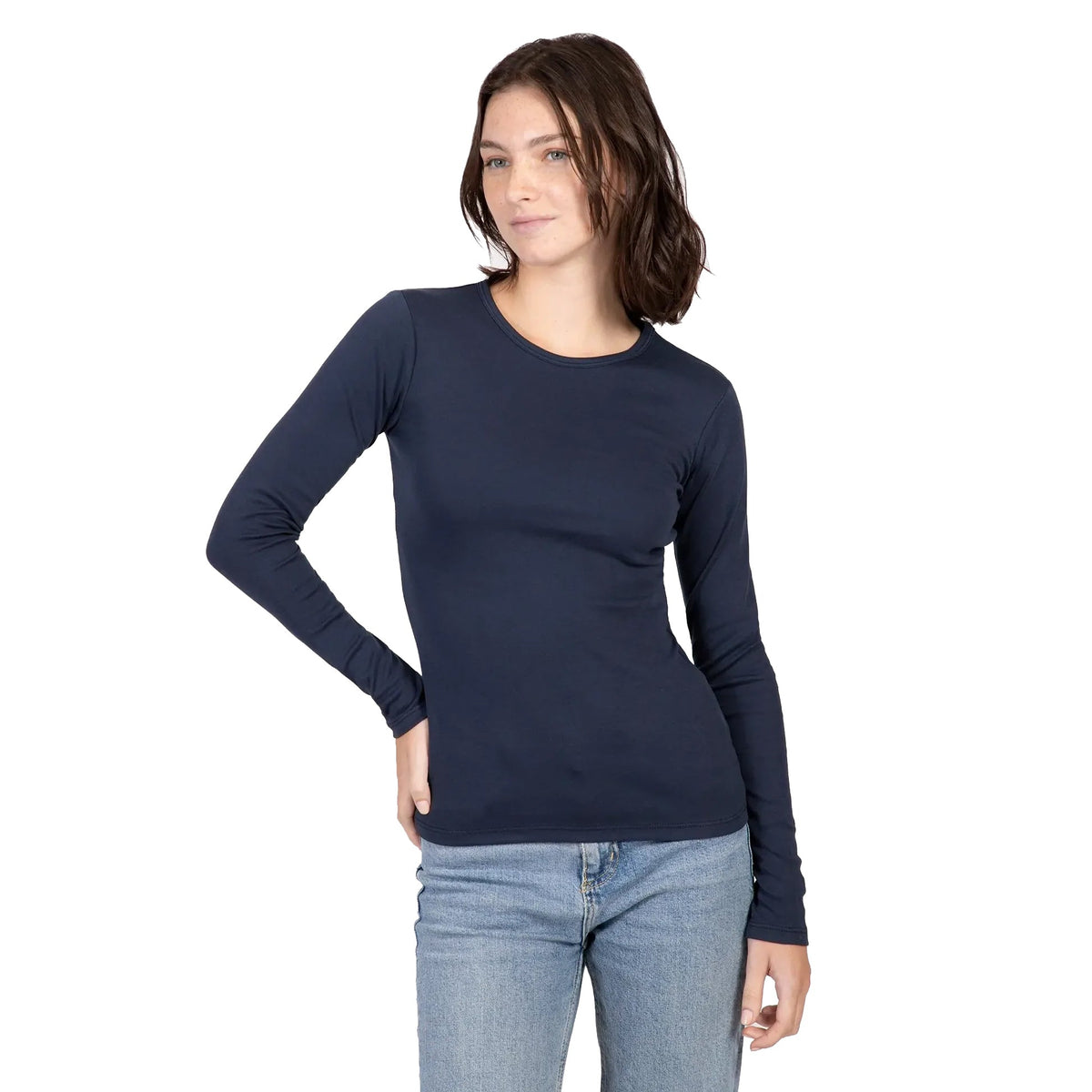 Women Basic Shirt, Round Neck, Long Sleeve - Red Cotton