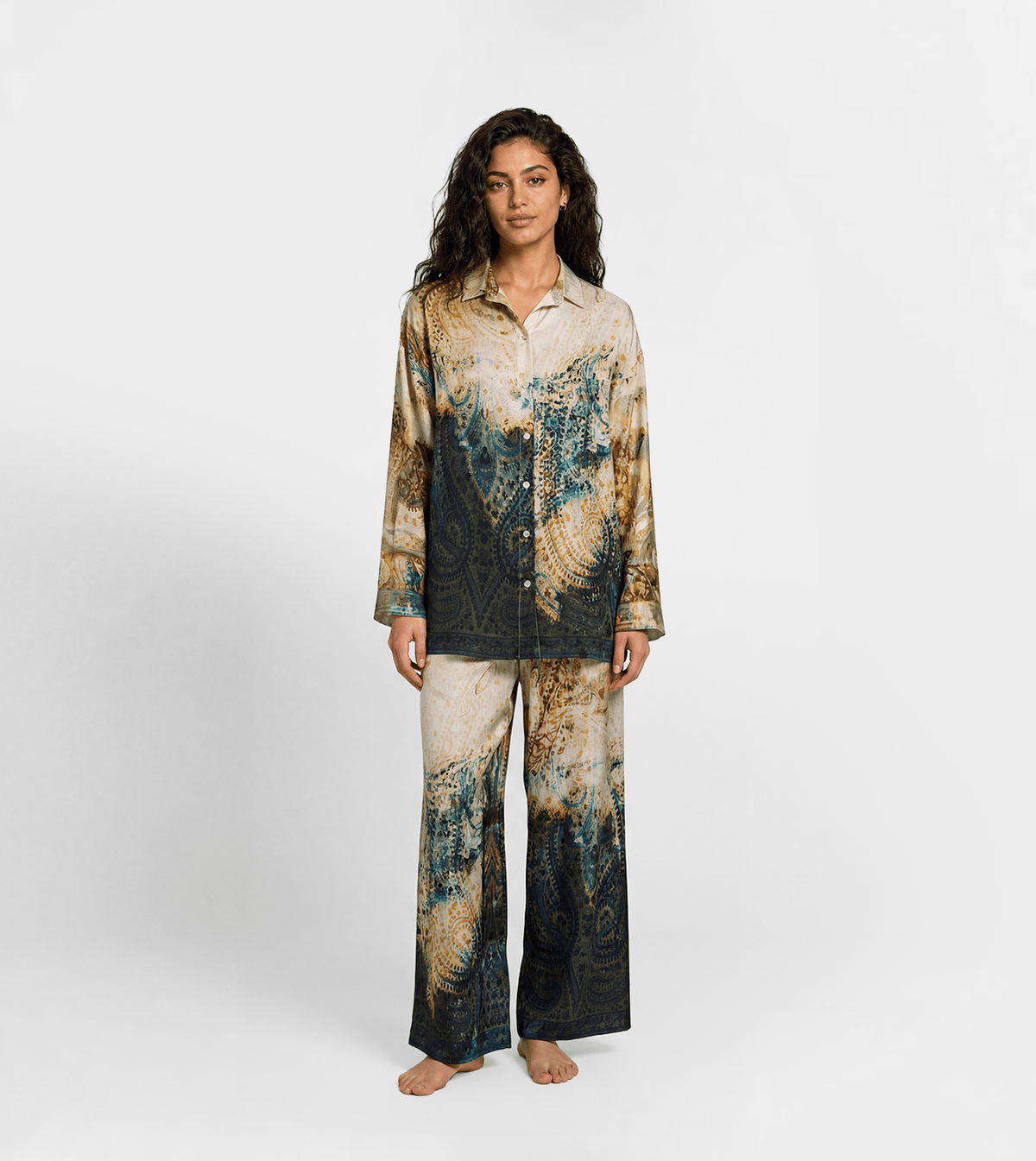 Women Button-Up Shirt & Wide Leg Pants Set - Red Cotton
