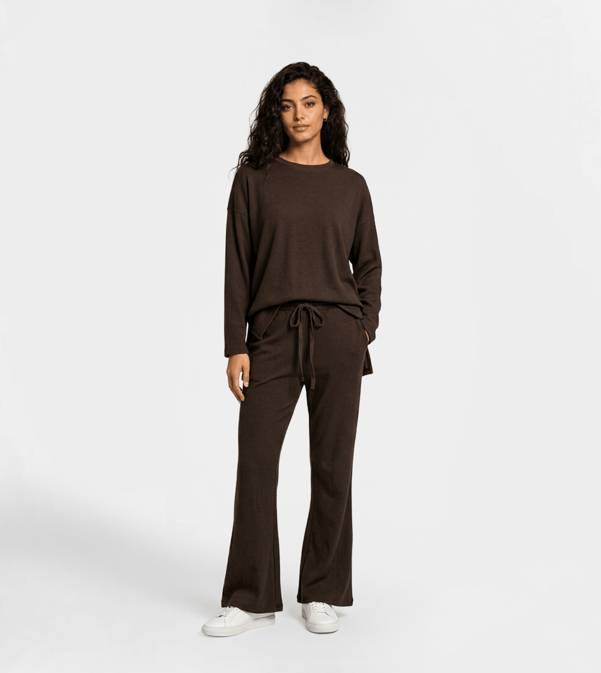 Women Crew Neck Wide-Leg Lounge Set in Rich Brown - Red Cotton