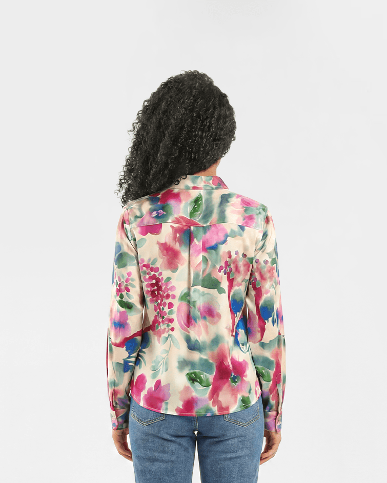 Women Floral Button-Up Shirt - Red Cotton