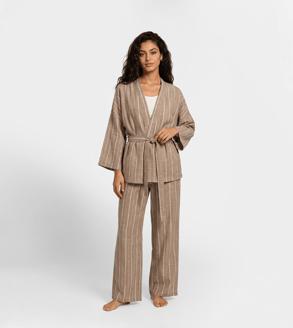 Women Kimono Style Lounge Set - Red Cotton
