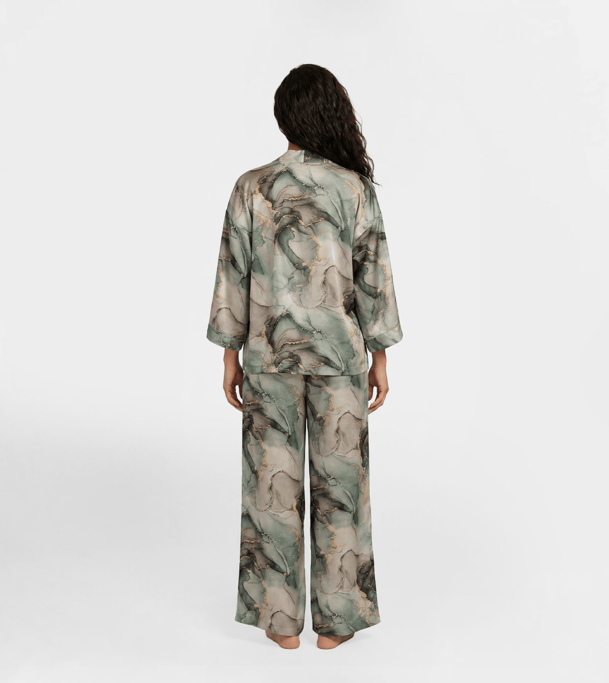 Women Kimono & Wide Leg Pajama Set - Red Cotton