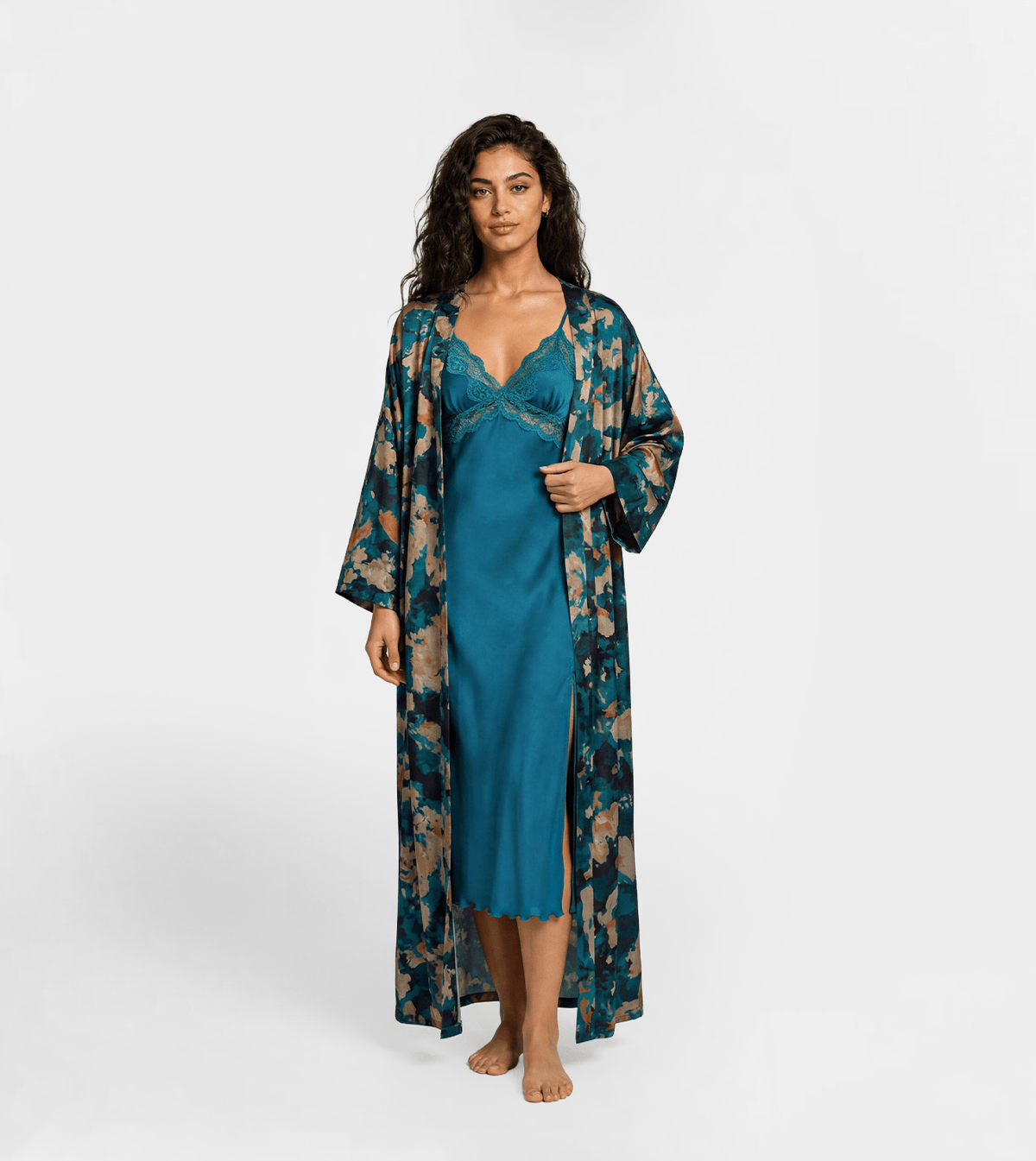 Women Lace Nightdress with Robe Set - Red Cotton