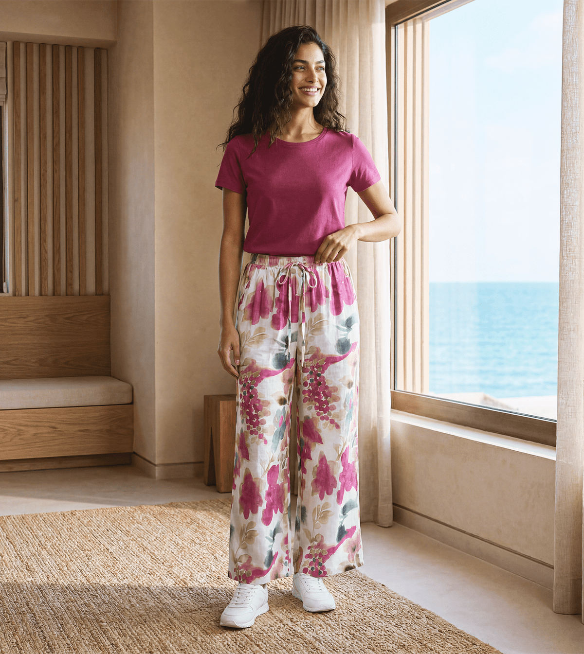 Women Linen Wide Leg Pants - Red Cotton