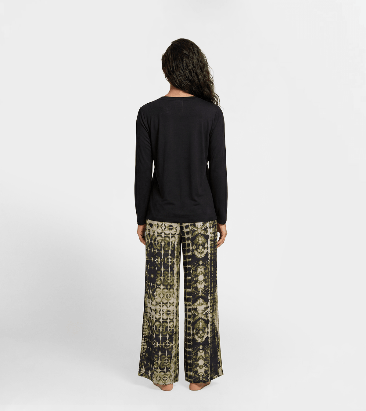 Women Long Sleeve Top & Printed Wide Leg Pants Set - Red Cotton