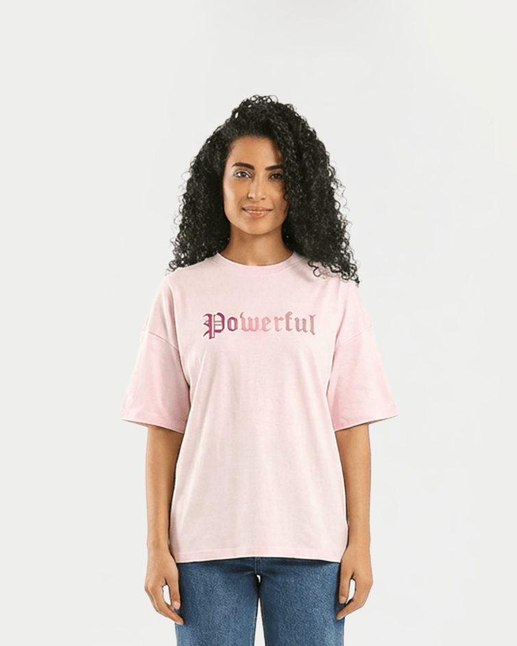 Women "Powerful" Oversized Graphic Tee - Red Cotton